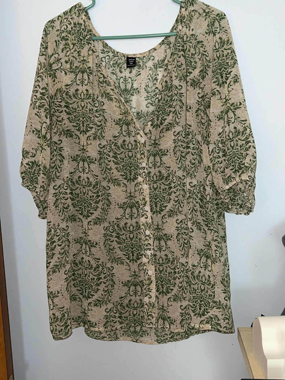 Shein cream blouse featuring a green damask print and button-down front 2X